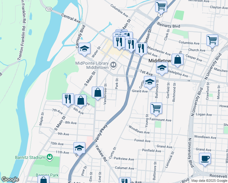 map of restaurants, bars, coffee shops, grocery stores, and more near 1114 Girard Avenue in Middletown