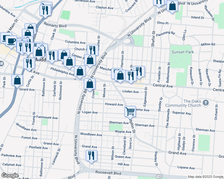 map of restaurants, bars, coffee shops, grocery stores, and more near 2015 Linden Avenue in Middletown