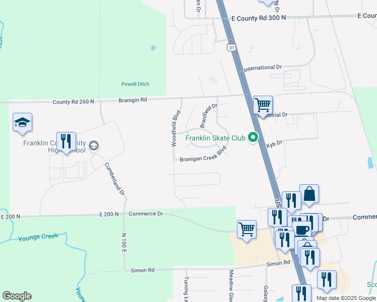 map of restaurants, bars, coffee shops, grocery stores, and more near 2685 Creekstone Court in Franklin