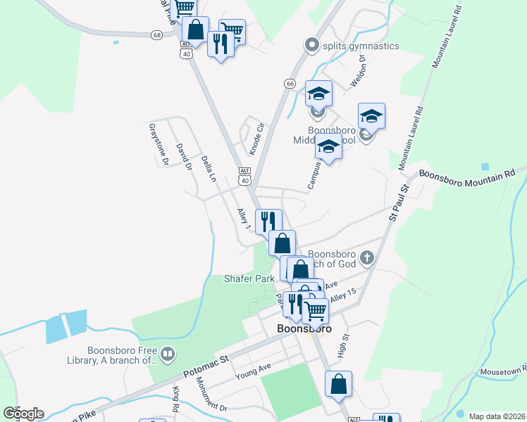 map of restaurants, bars, coffee shops, grocery stores, and more near 323 North Main Street in Boonsboro