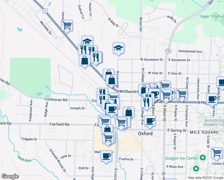 map of restaurants, bars, coffee shops, grocery stores, and more near 4965 College Corner Pike in Oxford
