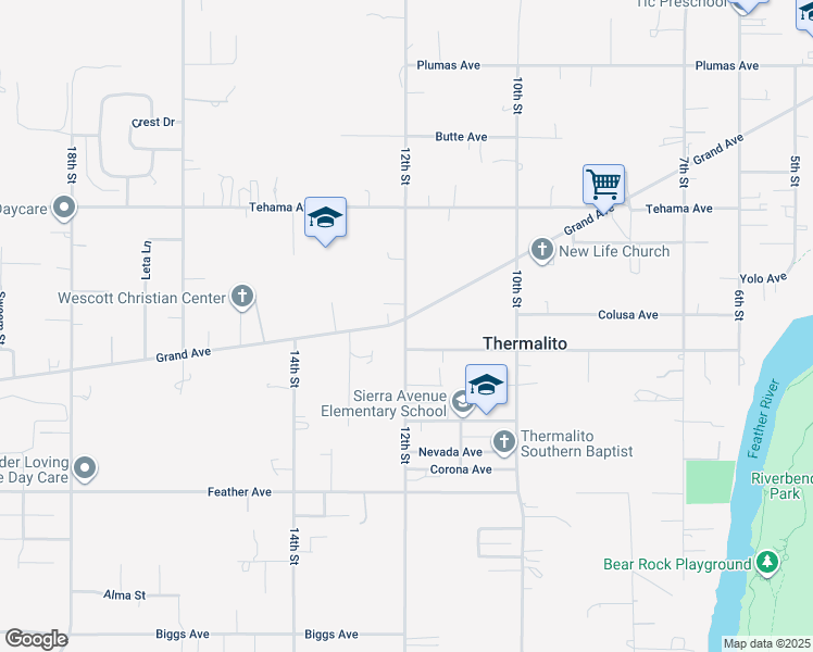 map of restaurants, bars, coffee shops, grocery stores, and more near 12th Street in Oroville