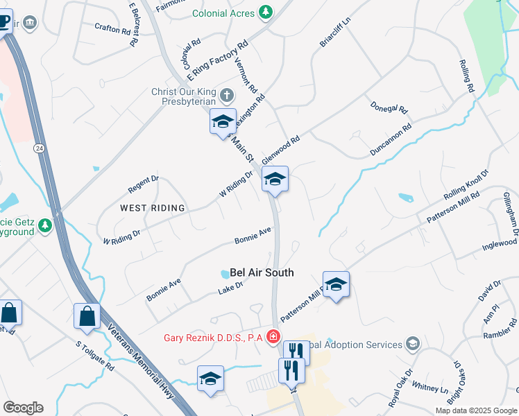 map of restaurants, bars, coffee shops, grocery stores, and more near 1510 Westminster Court in Bel Air