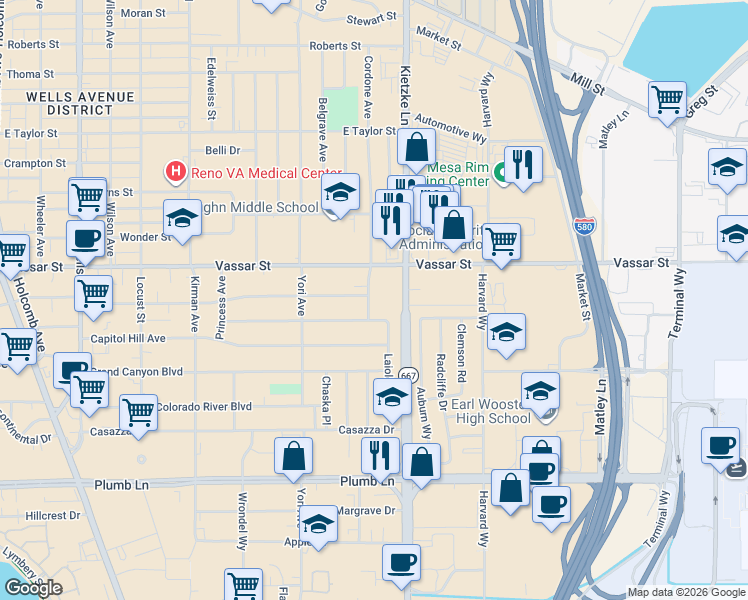 map of restaurants, bars, coffee shops, grocery stores, and more near 1285 Brentwood Drive in Reno
