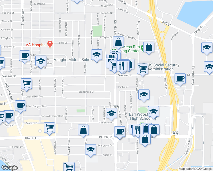 map of restaurants, bars, coffee shops, grocery stores, and more near 1285 Brentwood Drive in Reno