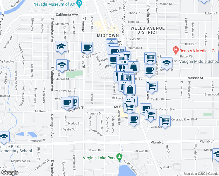 map of restaurants, bars, coffee shops, grocery stores, and more near 2 West Arroyo Street in Reno
