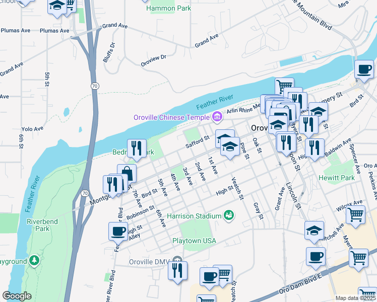 map of restaurants, bars, coffee shops, grocery stores, and more near 1144 Montgomery Street in Oroville
