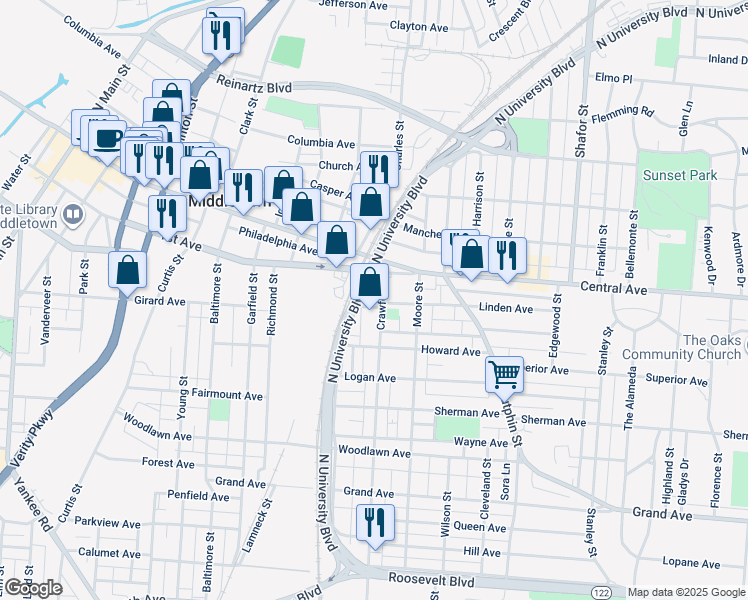 map of restaurants, bars, coffee shops, grocery stores, and more near 101 Crawford Street in Middletown