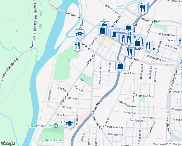 map of restaurants, bars, coffee shops, grocery stores, and more near 913 4th Avenue in Middletown