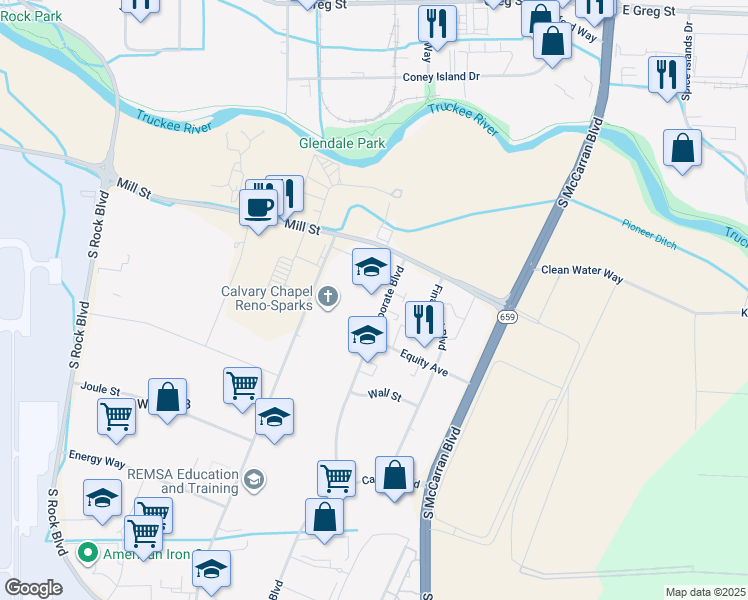 map of restaurants, bars, coffee shops, grocery stores, and more near 1155 Corporate Boulevard in Reno