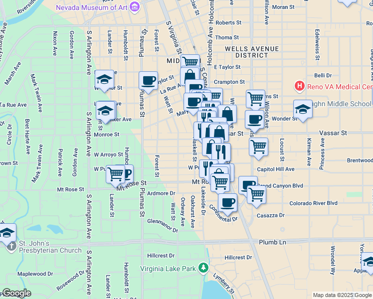 map of restaurants, bars, coffee shops, grocery stores, and more near 2 West Arroyo Street in Reno
