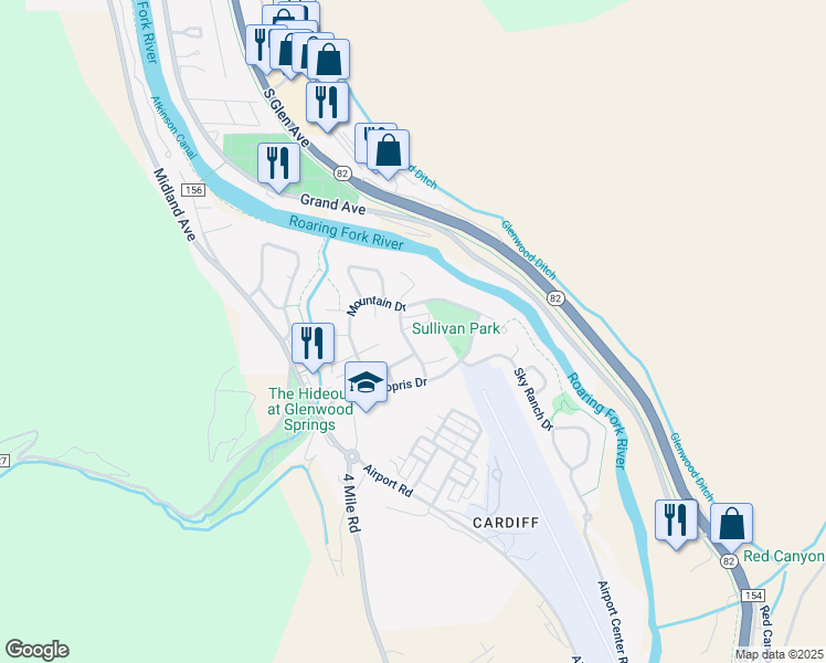 map of restaurants, bars, coffee shops, grocery stores, and more near 3728 Old Lodge Road in Glenwood Springs