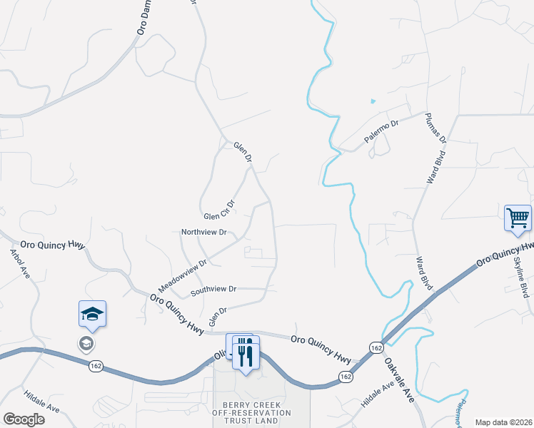 map of restaurants, bars, coffee shops, grocery stores, and more near 39 Meadowview Drive in Oroville