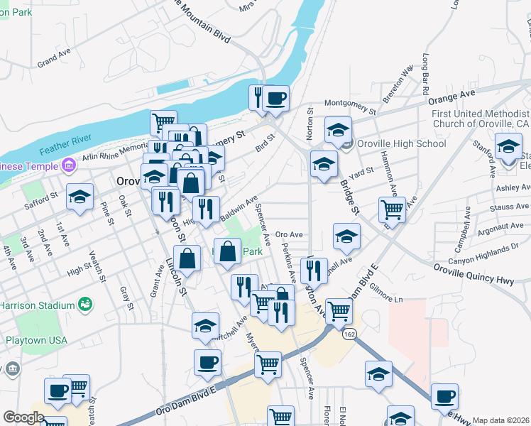 map of restaurants, bars, coffee shops, grocery stores, and more near 1869 Spencer Avenue in Oroville