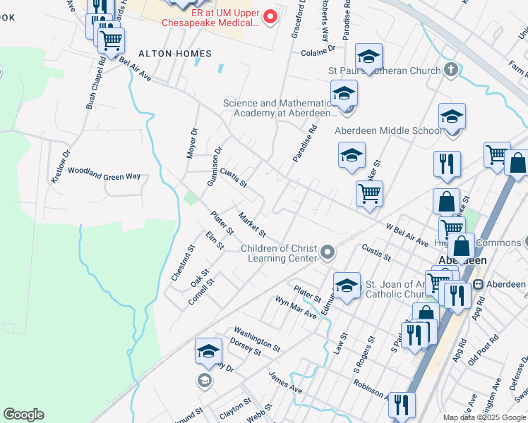 map of restaurants, bars, coffee shops, grocery stores, and more near 771 Custis Street in Aberdeen