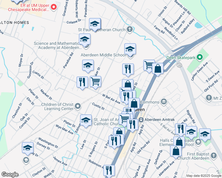 map of restaurants, bars, coffee shops, grocery stores, and more near 223 Walnut Lane in Aberdeen