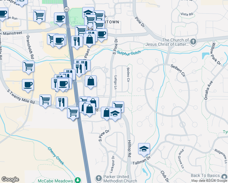map of restaurants, bars, coffee shops, grocery stores, and more near 11363 Latigo Lane in Parker