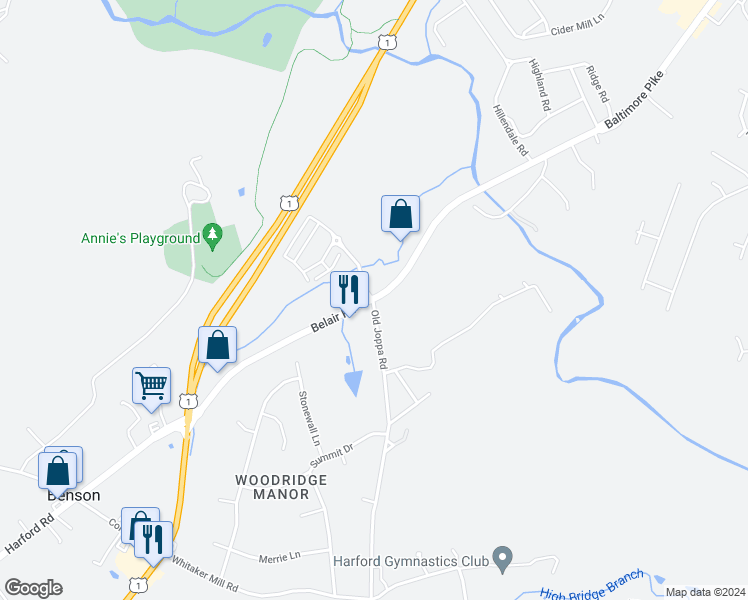 map of restaurants, bars, coffee shops, grocery stores, and more near 301 Old Joppa Road in Bel Air
