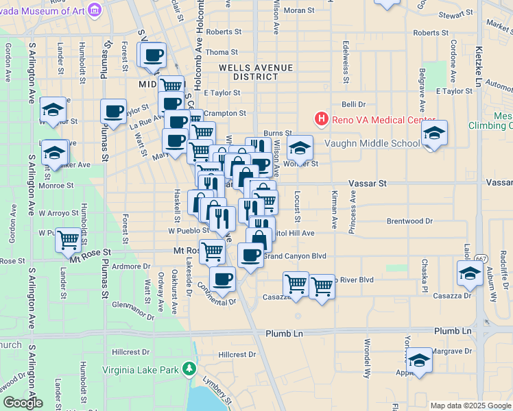 map of restaurants, bars, coffee shops, grocery stores, and more near 1336 South Wells Avenue in Reno