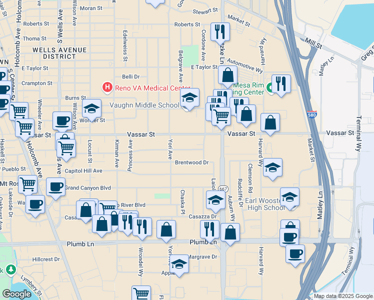 map of restaurants, bars, coffee shops, grocery stores, and more near 1125 Brentwood Drive in Reno