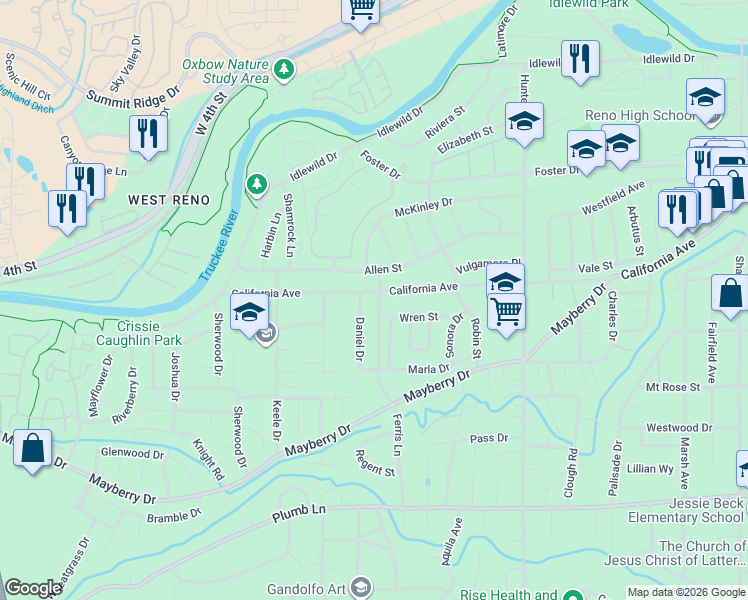 map of restaurants, bars, coffee shops, grocery stores, and more near 820 Daniel Drive in Reno