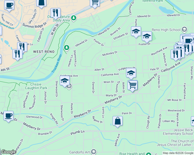 map of restaurants, bars, coffee shops, grocery stores, and more near 820 Daniel Drive in Reno