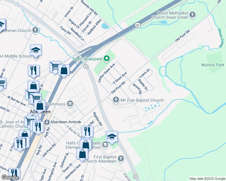 map of restaurants, bars, coffee shops, grocery stores, and more near 302 Old Post Road in Aberdeen