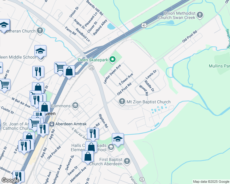 map of restaurants, bars, coffee shops, grocery stores, and more near 277 Center Deen Avenue in Aberdeen