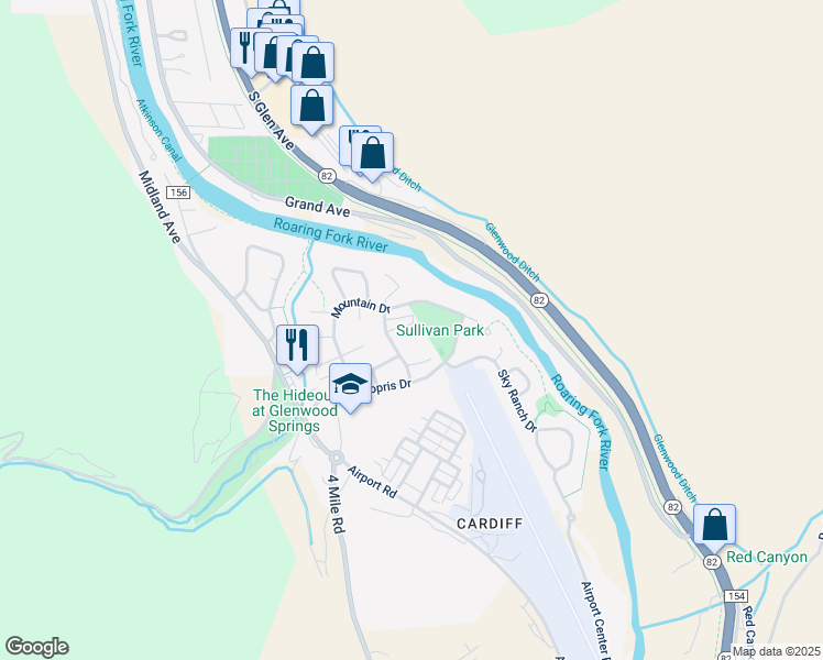 map of restaurants, bars, coffee shops, grocery stores, and more near 3728 Old Lodge Road in Glenwood Springs
