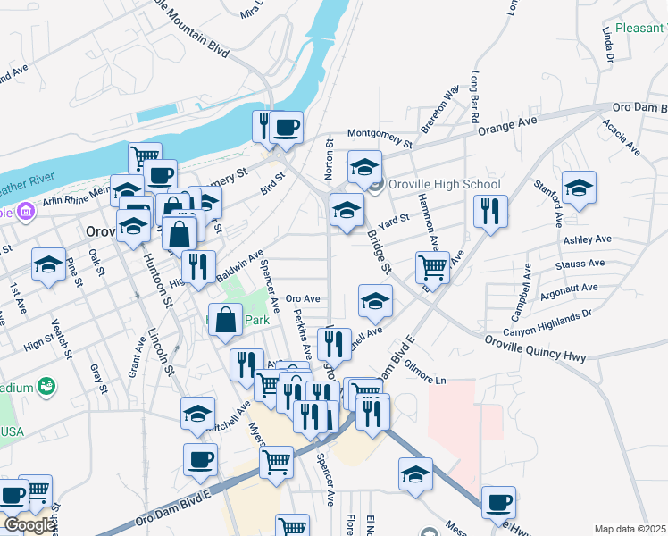 map of restaurants, bars, coffee shops, grocery stores, and more near 1835 Washington Avenue in Oroville