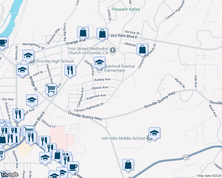 map of restaurants, bars, coffee shops, grocery stores, and more near 3695 Stauss Avenue in Oroville