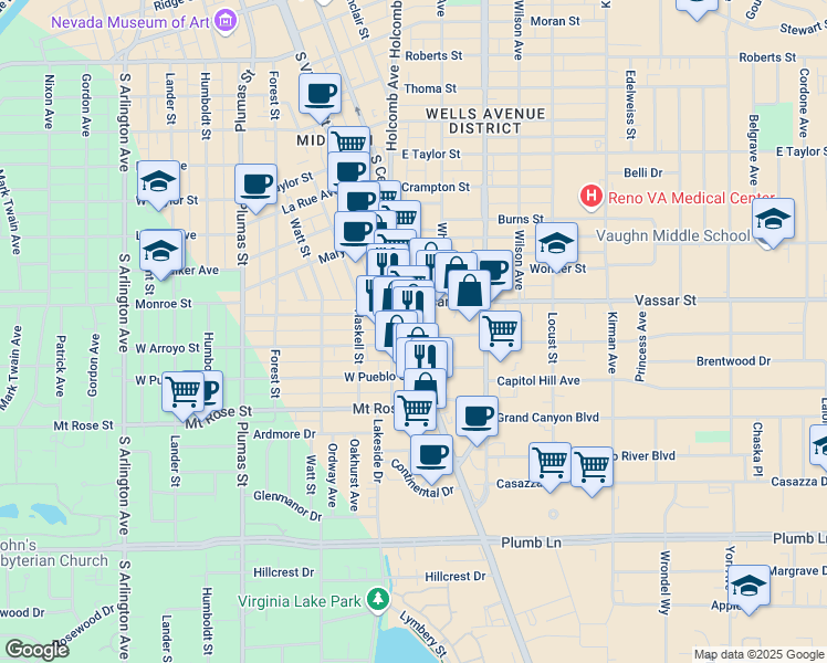 map of restaurants, bars, coffee shops, grocery stores, and more near 1278 South Virginia Street in Reno