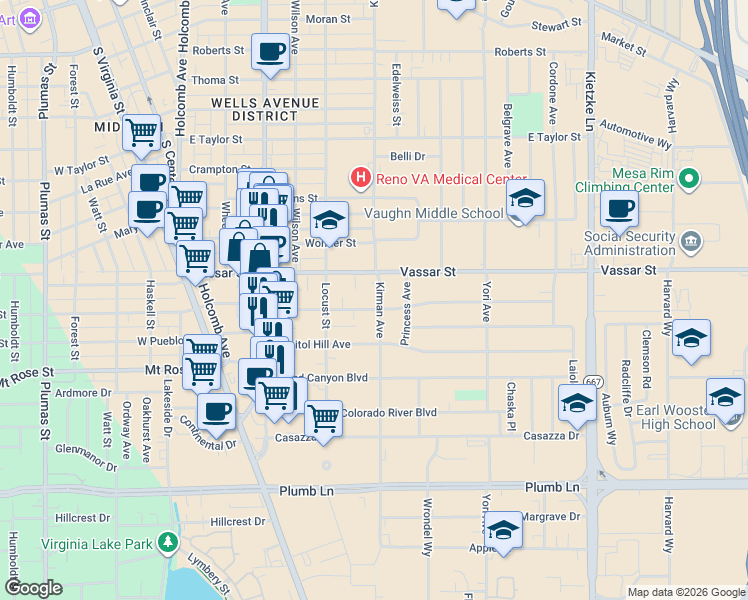 map of restaurants, bars, coffee shops, grocery stores, and more near 582 Broadway Boulevard in Reno