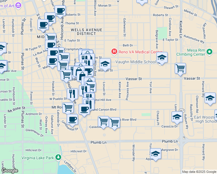 map of restaurants, bars, coffee shops, grocery stores, and more near 500 Broadway Boulevard in Reno