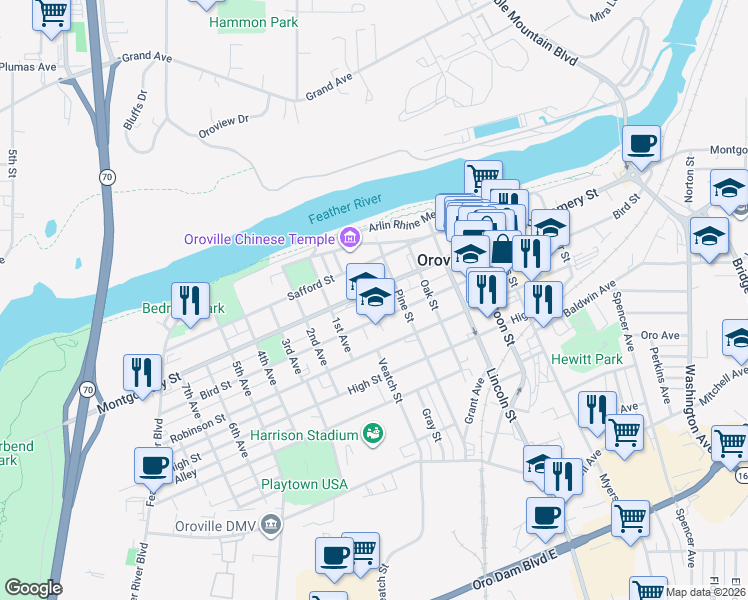 map of restaurants, bars, coffee shops, grocery stores, and more near 1535 Bird Street in Oroville