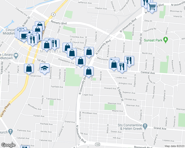 map of restaurants, bars, coffee shops, grocery stores, and more near 23 Crawford Street in Middletown