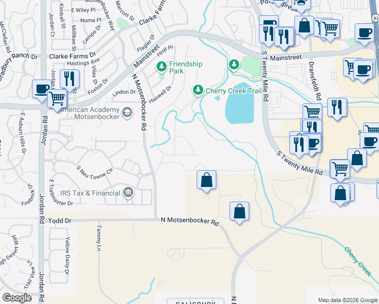 map of restaurants, bars, coffee shops, grocery stores, and more near 11230 Endeavor Drive in Parker