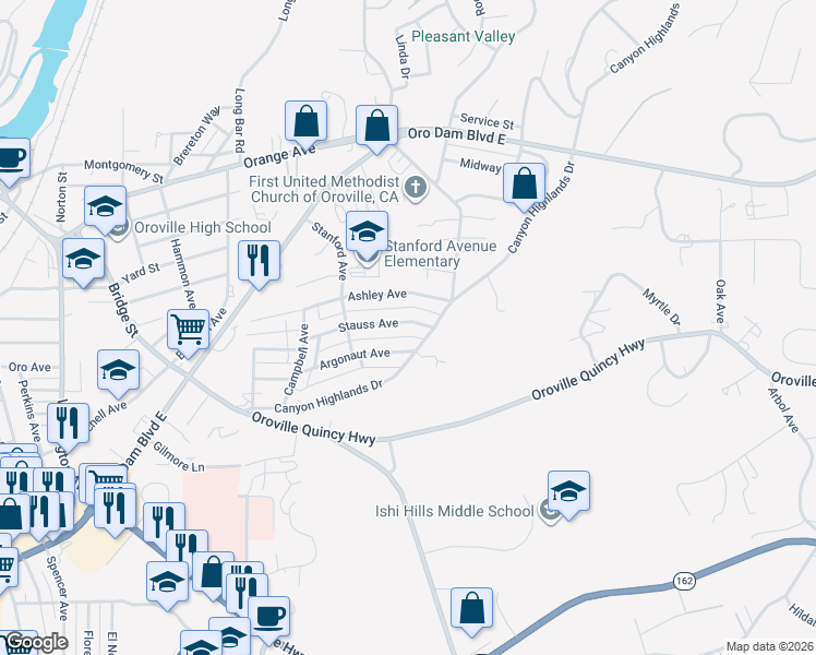 map of restaurants, bars, coffee shops, grocery stores, and more near 3695 Stauss Avenue in Oroville