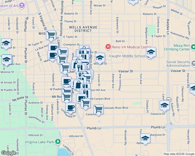 map of restaurants, bars, coffee shops, grocery stores, and more near 500 Broadway Boulevard in Reno