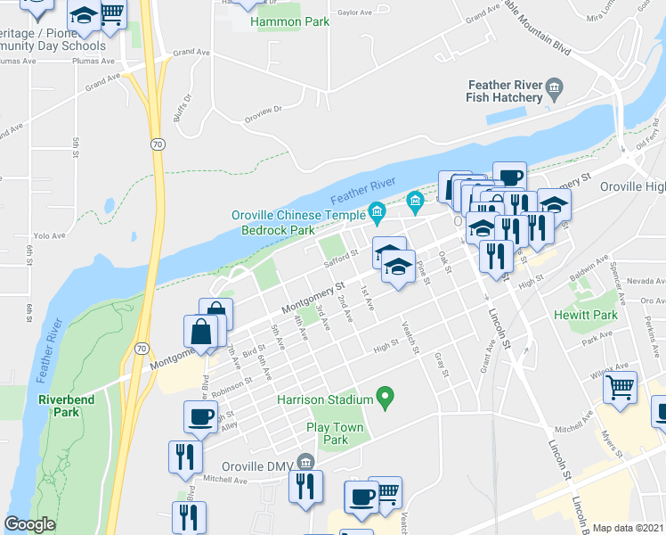 map of restaurants, bars, coffee shops, grocery stores, and more near 1211 2nd Avenue in Oroville