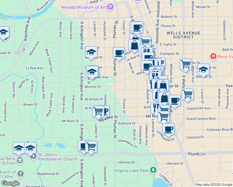 map of restaurants, bars, coffee shops, grocery stores, and more near 395 West Arroyo Street in Reno
