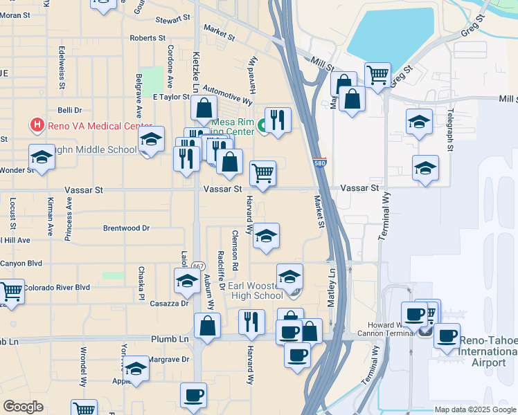 map of restaurants, bars, coffee shops, grocery stores, and more near 1370 Harvard Way in Reno