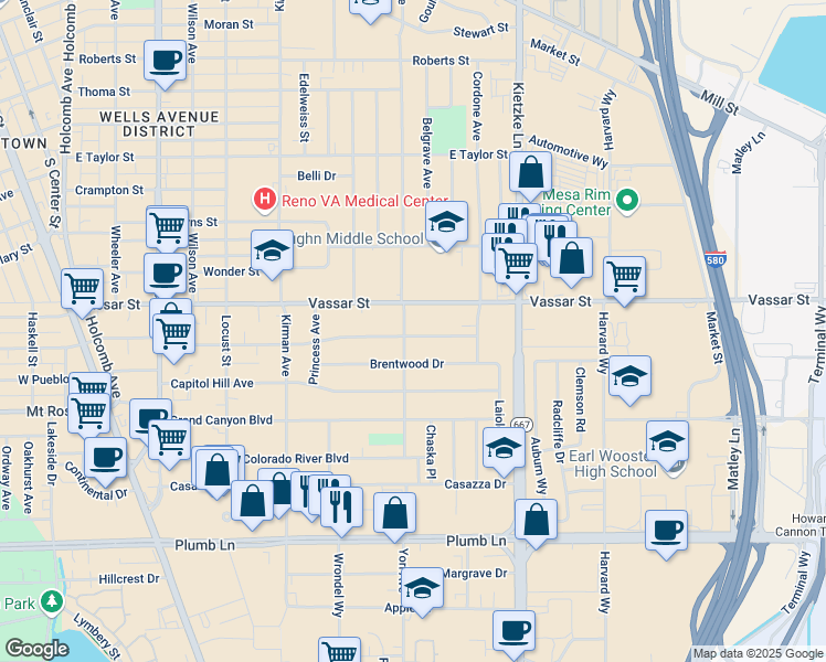 map of restaurants, bars, coffee shops, grocery stores, and more near 925 Brentwood Drive in Reno