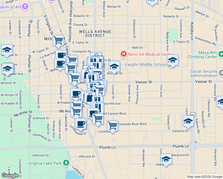 map of restaurants, bars, coffee shops, grocery stores, and more near 500 Broadway Boulevard in Reno
