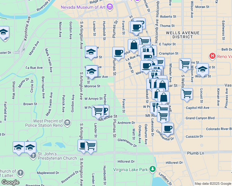 map of restaurants, bars, coffee shops, grocery stores, and more near 395 West Arroyo Street in Reno
