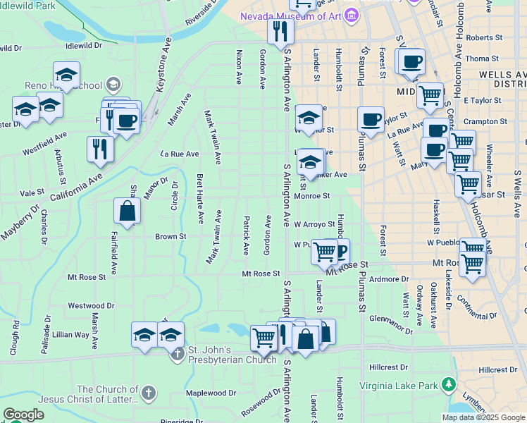 map of restaurants, bars, coffee shops, grocery stores, and more near 1325 Gordon Avenue in Reno