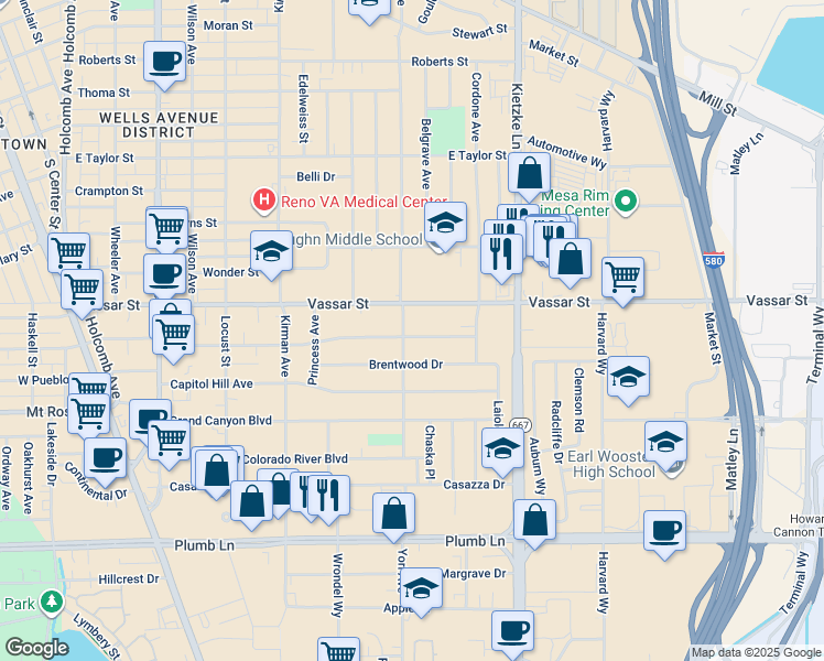 map of restaurants, bars, coffee shops, grocery stores, and more near 925 Brentwood Drive in Reno
