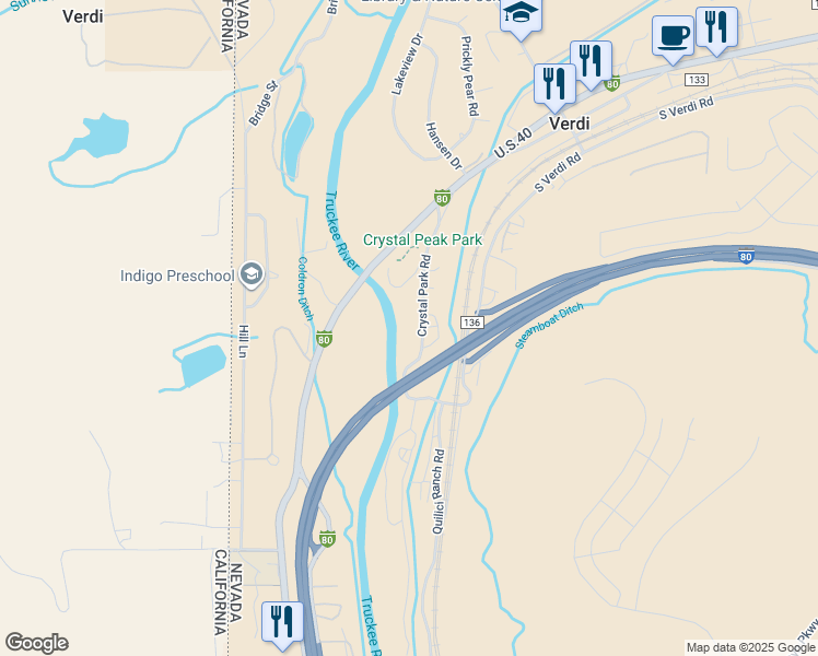 map of restaurants, bars, coffee shops, grocery stores, and more near 517 Crystal Park Road in Verdi