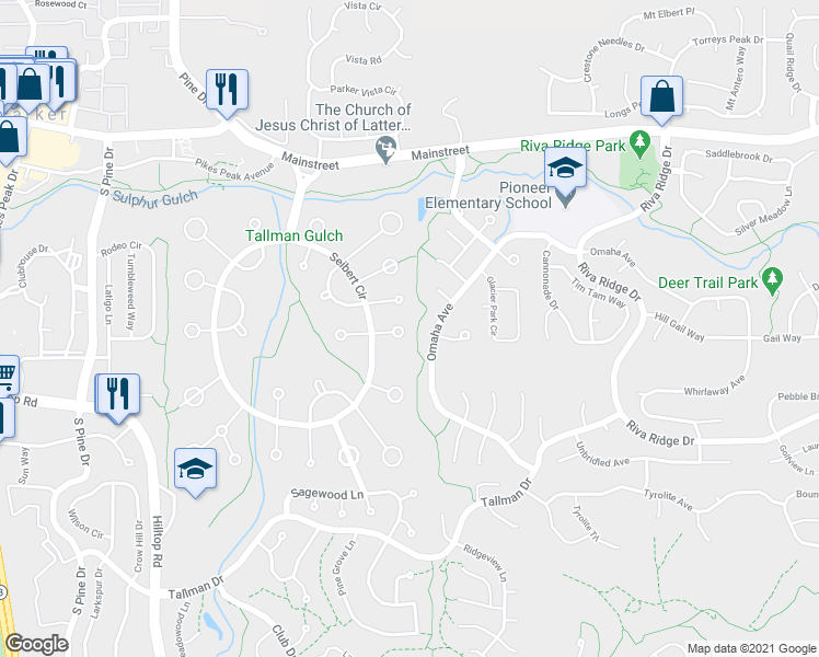 map of restaurants, bars, coffee shops, grocery stores, and more near 20857 East Shefield Place in Parker