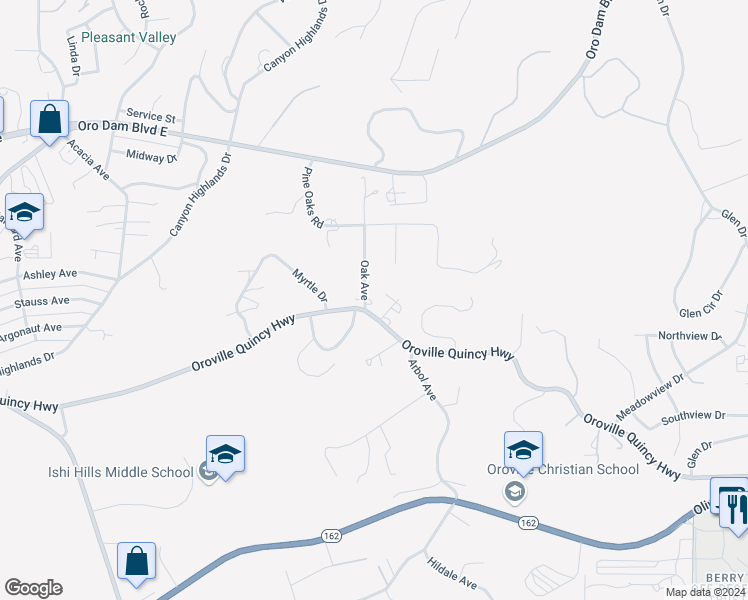 map of restaurants, bars, coffee shops, grocery stores, and more near 56 Oak Avenue in Oroville